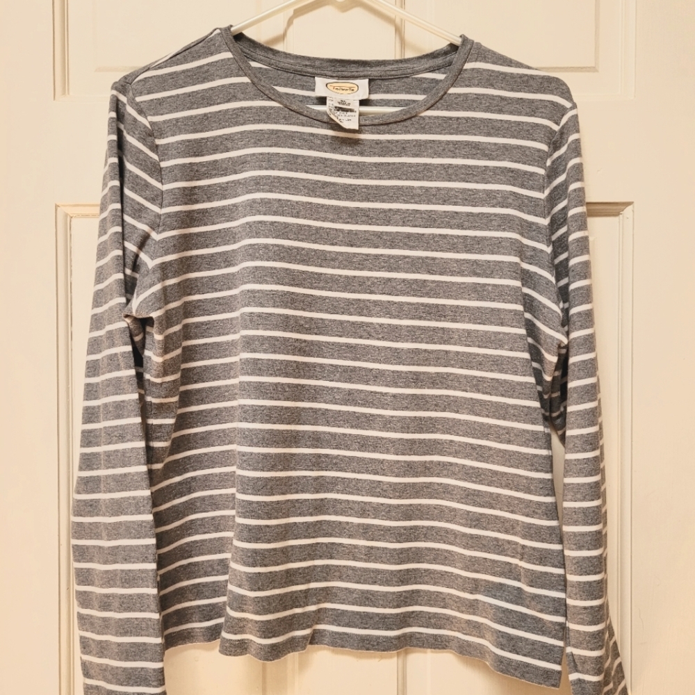 Gray and white striped talbot tee, work shirt, office casual, comfy top